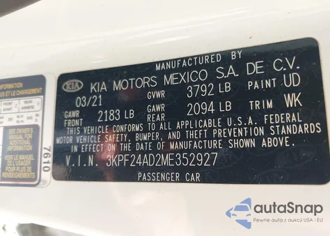 2021 Kia Forte Lxs from USA, damaged, VIN 3KPF24AD2ME352927
